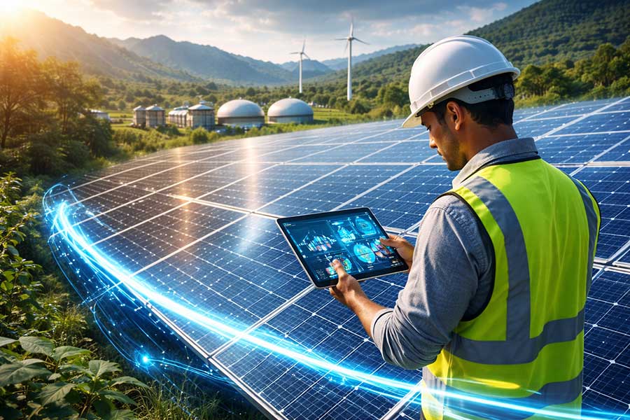 Familia con un panel de energía solar y sostenible Colgas